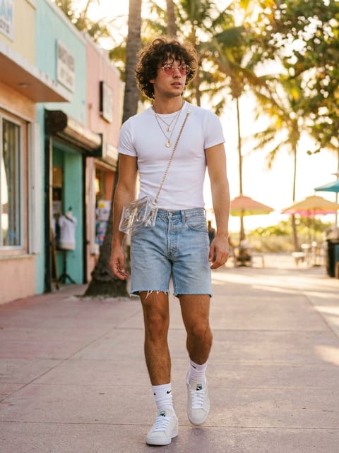 SKIPIKS AI时尚大片 — casual, streetwear — 我打造了一种体现夏日温暖的悠闲街头风格。白色T恤和浅蓝色短裤的组合虽然基础，但鲜艳的粉色太阳镜和透明包包则成为亮点。这一造型非常适合海滩散步或周末出游，既休闲又