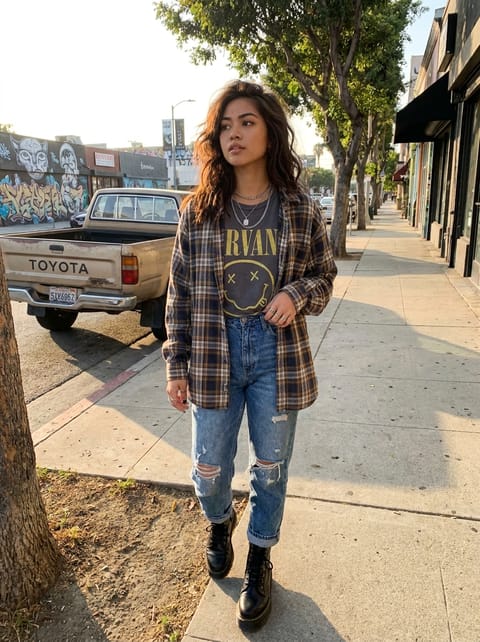 SKIPIKS AI时尚大片 — grunge, streetwear — 这款风格突显了格子衬衫与复古T恤的和谐搭配，营造出轻松的氛围。搭配牛仔裤和黑靴，完成了休闲又时尚的造型。推荐作为秋季日常穿搭。