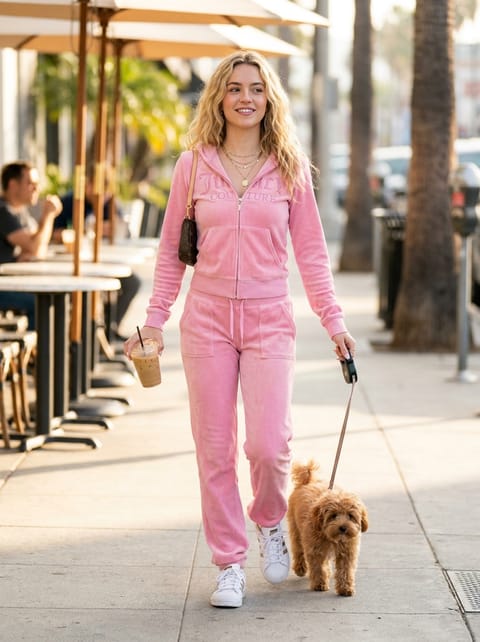 SKIPIKS AI fashion editorial — casual, sporty, youthful — The soft pink velvet zip-up hoodie and jogger pants create a cozy and comfortabl