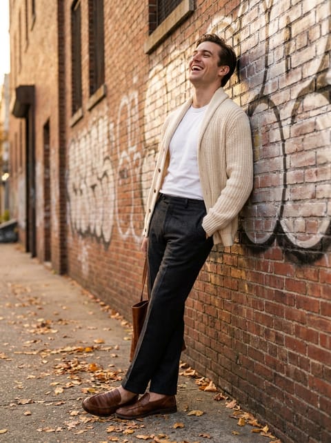 SKIPIKS AI fashion editorial — classic, casual — The combination of a beige knit cardigan and a white t-shirt creates a warm and 