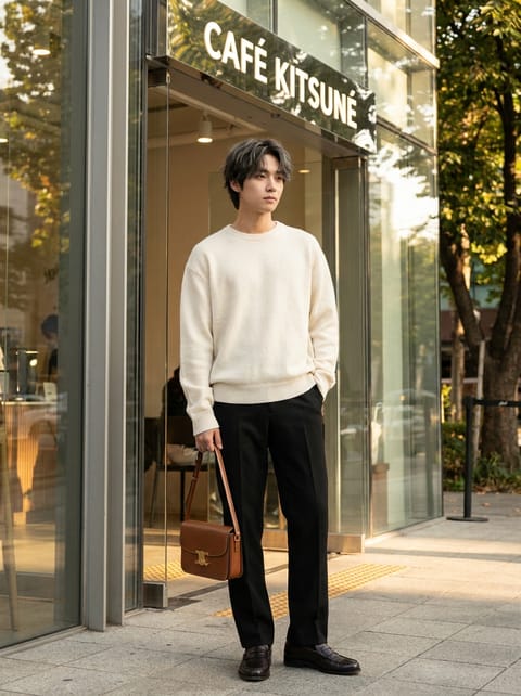 SKIPIKS AI 패션 화보 — minimalist, chic, modern — 아이보리 니트와 검정 슬랙스로 구성된 세련된 미니멀룩이에요. 니트는 부드러운 터치감으로 편안함을 더하고, 슬랙스는 깔끔한 실루엣을 완성해 줍니다