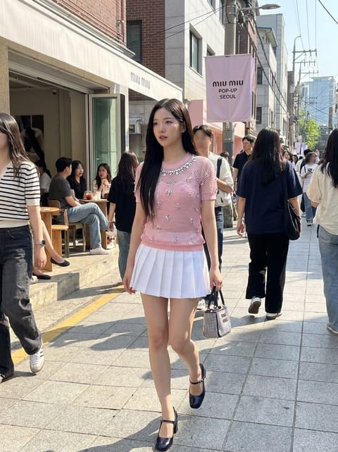 SKIPIKS AI fashion editorial — feminine, cute, youthful — Create a romantic mood with the combination of a pink knit and a white pleated s