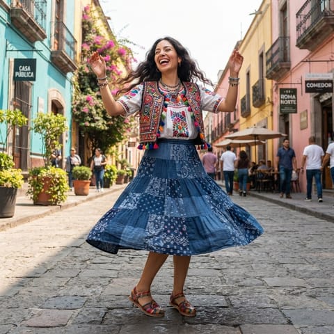 SKIPIKS AI fashion editorial — bohemian, colorful, ethnic — Complete a free-spirited bohemian mood with vibrant colors and rich embroidery. 