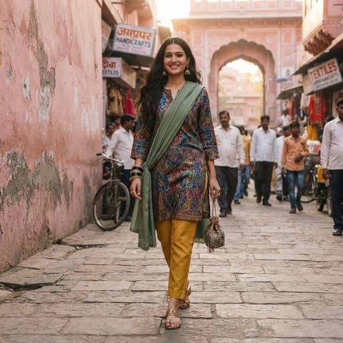 SKIPIKS AI fashion editorial — bohemian, ethnic — The ethnic dress with vibrant patterns creates a cheerful atmosphere. In summer,