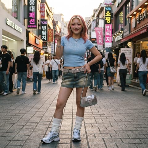 SKIPIKS AI fashion editorial — streetwear, vintage — The sky-blue crop top and denim skirt exude a refreshing vibe with a strong retr