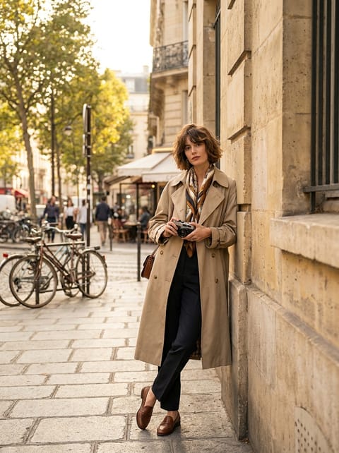 SKIPIKS AIファッション写真 — chic, urban — ベージュのトレンチコートとネイビーのパンツの組み合わせは、都会的で洗練された雰囲気を醸し出します。ブラウンのローファーとマルチカラーのスカーフを合わせて、クラシ