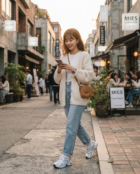 SKIPIKS AI 패션 화보 — casual, chic — 베이지색 가디건과 청바지 조합이 가을날의 편안함을 연출해요. 화이트 티셔츠와 운동화로 캐주얼한 무드를 더해 스타일리시함을 놓치지 않아요. 데일리