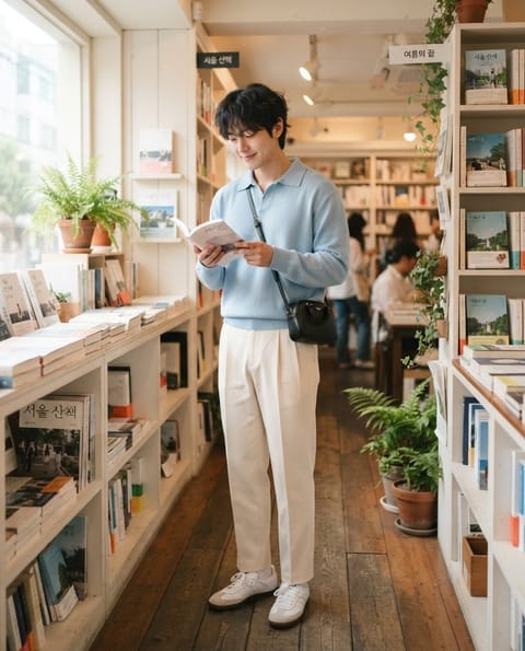 SKIPIKS AIファッション写真 — minimalist, casual — 空色のセーターとクリーム色のパンツの組み合わせは、爽やかで柔らかな印象を与えます。クロスボディバッグとクリーンなホワイトスニーカーで、快適さと洗練さを兼ね備えた