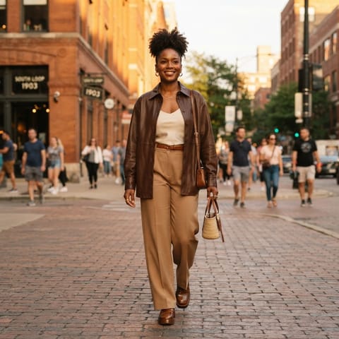 SKIPIKS AIファッション写真 — chic, modern — ブラウンのレザーシャツとアイボリーのトップスの洗練されたムードが際立つルックです。ソフトなベージュトーンのスラックスとクリーンなローファーでバランスを取ると良い