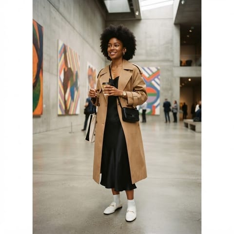 SKIPIKS AIファッション写真 — minimalist, chic, sophisticated — ベージュのトレンチコートと黒のスリップドレスの組み合わせが洗練された現代的なムードを演出します。白のローファーとクロスボディバッグを合わせることで、シンプルなが
