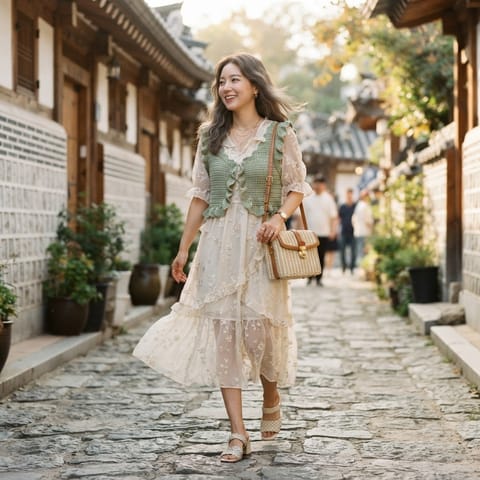 SKIPIKS AI fashion editorial — romantic, vintage, feminine — The ivory floral dress paired with a mint knit vest creates a romantic look. The