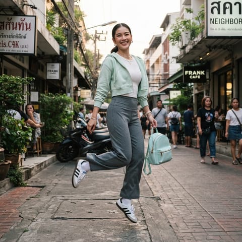 SKIPIKS AI fashion editorial — casual, sporty — This style features a refreshing mint-colored hooded zip-up paired with gray pan