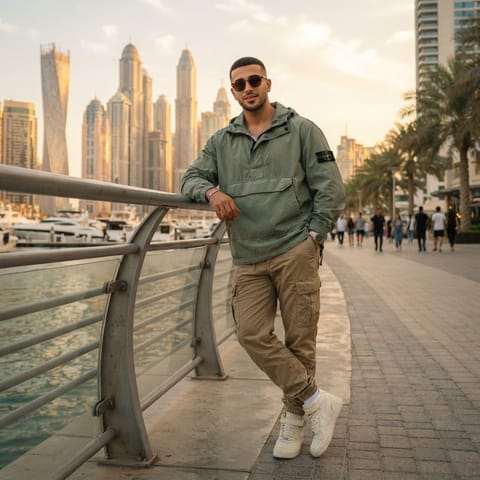 SKIPIKS AIファッション写真 — casual, streetwear — カーキのアノラックとベージュのカーゴパンツの組み合わせが、センスのあるストリート感を生み出します。アノラックのゆったりとしたフィット感は、カジュアルでありながら