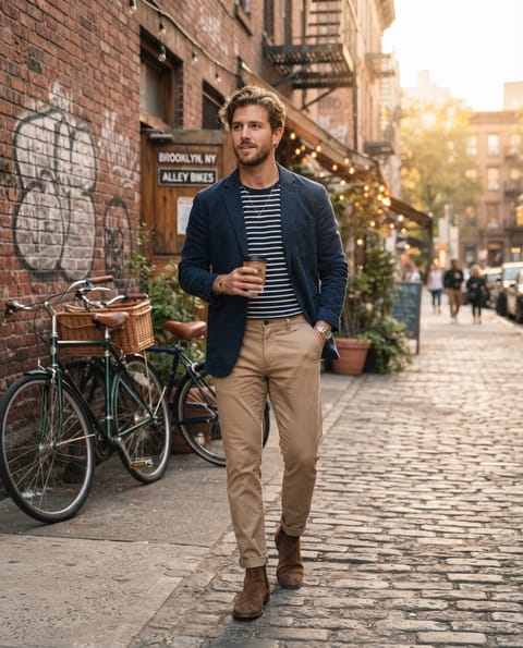 SKIPIKS AI fashion editorial — casual, urban — The navy blazer paired with a striped t-shirt creates a look that is both classi