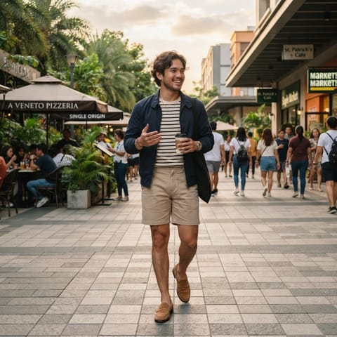 SKIPIKS AI时尚大片 — casual, smart_casual — 搭配海军蓝夹克和条纹T恤，营造出时尚的现代休闲氛围。搭配米色短裤和棕色乐福鞋，打造舒适而又时尚的造型。这是日常外出或与朋友见面的推荐搭配。