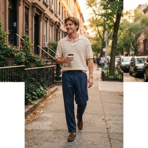SKIPIKS AI fashion editorial — minimalist, smart_casual — Create a sophisticated mood with a beige polo shirt and navy slacks. Add a gold 