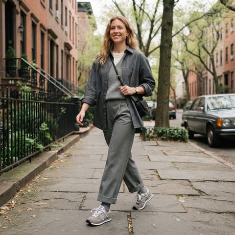 SKIPIKS AI fashion editorial — minimalist, casual — The tone-on-tone gray palette creates a calm yet urban mood. Complete a stylish 