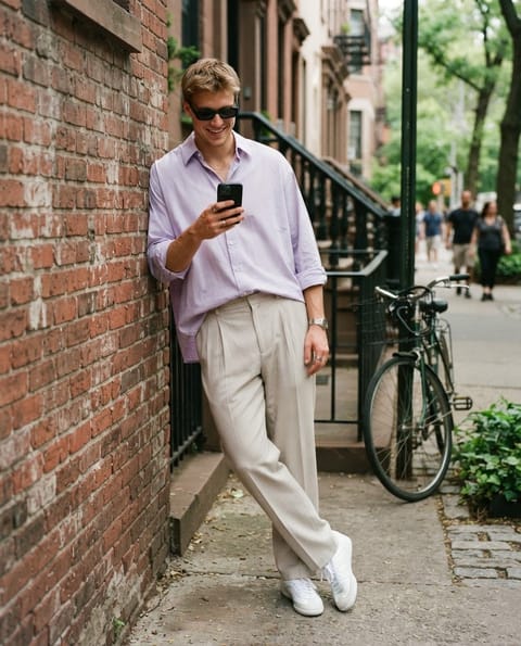 SKIPIKS AI fashion editorial — casual, streetwear — The lavender shirt offers a soft and sophisticated vibe, perfectly paired with b