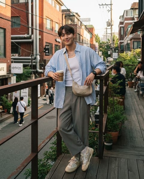 SKIPIKS AI时尚大片 — casual, streetwear — 搭配天蓝色条纹衬衫和灰色休闲裤，营造出清新凉爽的春季氛围。与背心叠穿，打造出休闲又时尚的造型。这是一种适合节日或与朋友聚会的舒适风格。