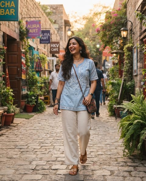 SKIPIKS AIファッション写真 — bohemian, casual — 空色のブラウスとベージュのワイドパンツの組み合わせは、爽やかで軽快な印象を与えます。空色は夏の清涼感を強調し、さまざまな色のクロスボディバッグでアクセントを加え