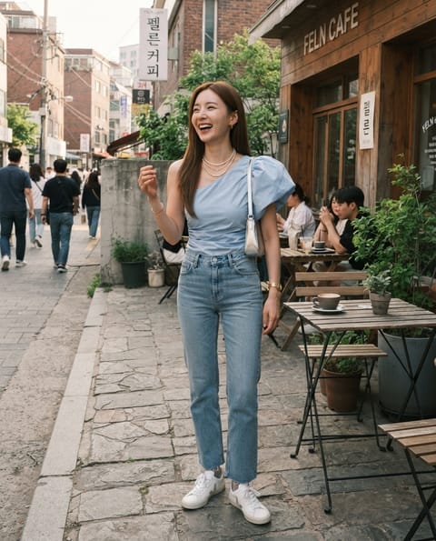 SKIPIKS AI时尚大片 — casual, feminine, chic — 天蓝色的衬衫搭配浅蓝色牛仔裤，营造出清爽可爱的氛围。搭配珍珠项链和金色耳环，增添女性化的点缀。这种搭配非常适合夏季日常穿搭，适合咖啡馆或城市散步。