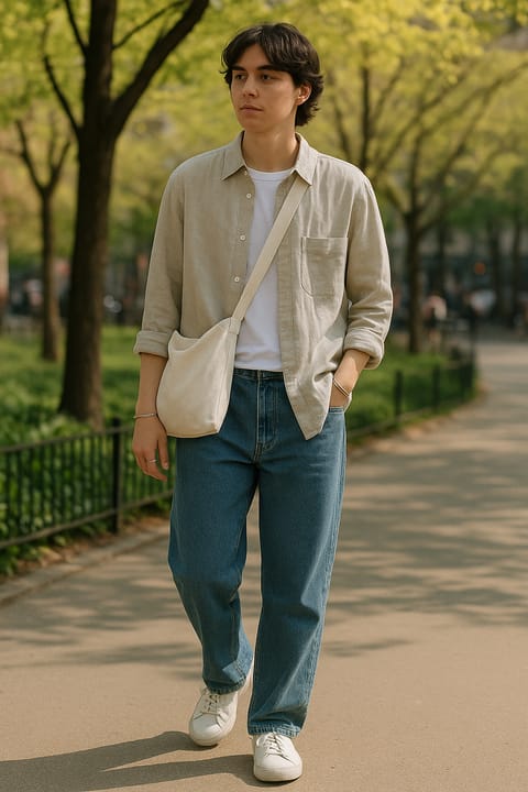 SKIPIKS AIファッション写真 — casual, minimalist — 快適なベージュのシャツがホワイトティーと自然に組み合わさり、ジーンズがカジュアルな雰囲気を加えます。ホワイトスニーカーとベージュのクロスバッグでクリーンなポイン