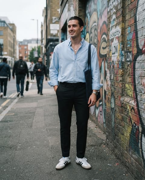 SKIPIKS AI时尚大片 — minimalist, streetwear, preppy — 这款极简风格以天蓝色衬衫和黑色长裤的搭配为亮点。用金色项链和银色手表增添时尚感。非常适合轻松的休闲约会或日常办公室穿搭。