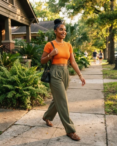 SKIPIKS AIファッション写真 — casual, chic — この明るいオレンジのニットは、爽やかな夏のルックのポイントです。カーキのパンツと合わせて、快適さと洗練さを演出しましょう。日常の散歩やカジュアルな集まりにぴった