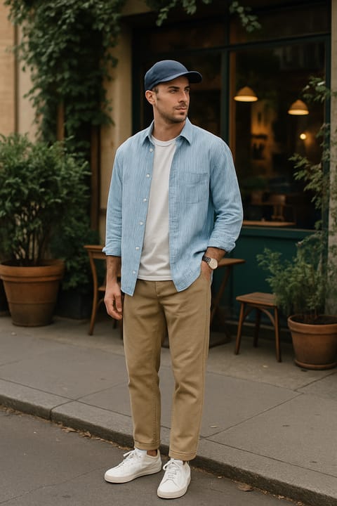 SKIPIKS AI fashion editorial — casual, minimalist — The casual style completed with a sky-blue shirt and comfortable beige pants is 
