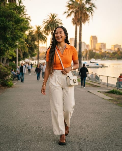 SKIPIKS AI fashion editorial — chic, casual — This look features a refreshing color match highlighted by an orange knit. Pair 