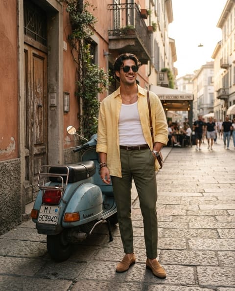 SKIPIKS AI fashion editorial — casual, urban — The combination of a yellow shirt and khaki pants creates a stylish casual vibe,