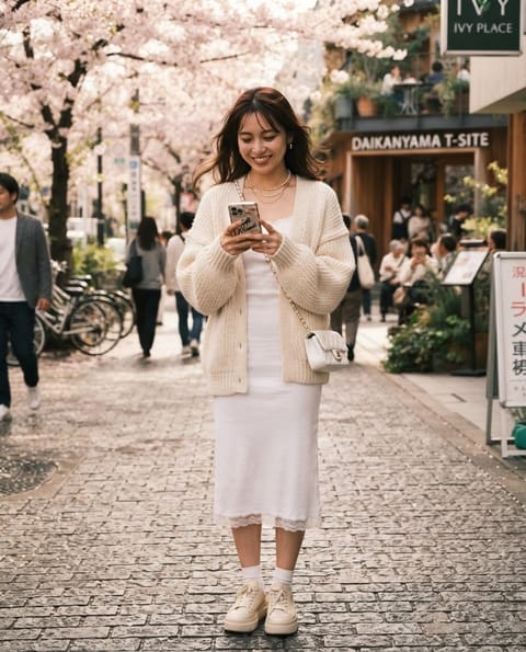 SKIPIKS AIファッション写真 — feminine, minimalist, romantic — このルックは春の日のロマンティックなムードを表現したフェミニンスタイルです。ベージュのニットカーディガンとホワイトのミディドレスが暖かく、清潔感を与えます。パー