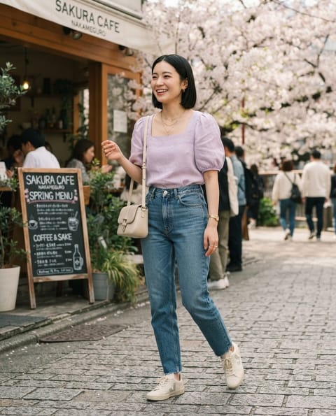 SKIPIKS AIファッション写真 — feminine, casual, minimalist — ラベンダー色のパフスリーブブラウスとジーンズの組み合わせが、春の日のカジュアルでありながら女性らしい雰囲気を演出します。ベージュのショルダーバッグとスニーカーで