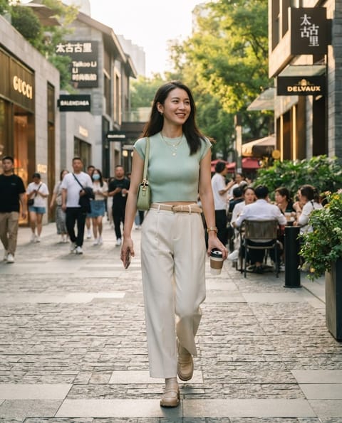 SKIPIKS AI时尚大片 — minimalist, chic — 这款薄荷色针织上衣营造出清新的夏日氛围。搭配奶油色宽腿裤，展现清爽干净的风格。作为日常穿搭，搭配浅绿色肩包和厚底鞋，适合休闲出行。