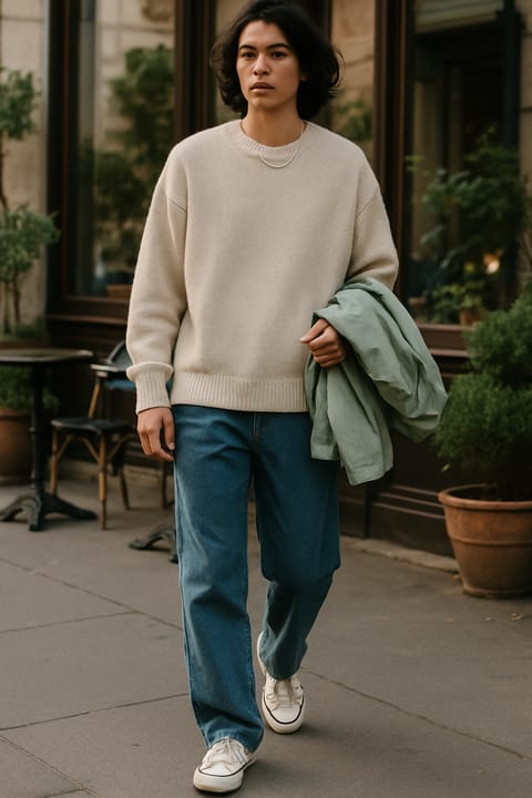 SKIPIKS AI 패션 화보 — casual, chic — 베이지 컬러의 니트 스웨터와 데님 팬츠 조합이 따뜻하고 여유로운 가을 패션을 완성해보세요. 그린 자켓을 손에 들고 있어 포인트를 주며, 화이트 