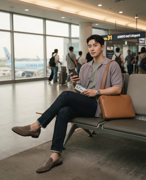 SKIPIKS AI时尚大片 — casual, smart, travel — 通过搭配粉紫色衬衫和浅灰色T恤，打造轻松时尚的机场造型。搭配海军蓝牛仔裤和棕色乐福鞋，完成经典干净的风格。这是一款适合旅行或出发前轻松穿着的时尚休闲造型。