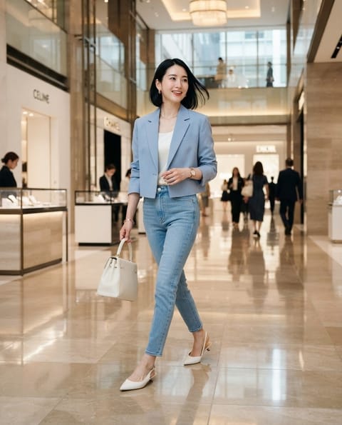 SKIPIKS AI时尚大片 — chic, minimalist, sophisticated — 天蓝色的西装外套搭配浅蓝色牛仔裤，营造出明亮而优雅的氛围。搭配米色高跟鞋和白色手提包，整体造型干净利落。作为日常办公室装扮也毫不逊色，适合春季的风格，供您参考。