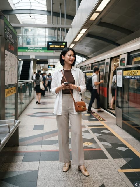 SKIPIKS AI 패션 화보 — minimalist, chic — 화이트 셔츠와 브라운 니트의 조화로 세련되고 차분한 무드를 연출해보세요. 베이지 팬츠와 로퍼로 한층 더 깔끔한 룩을 완성할 수 있습니다. 출퇴근