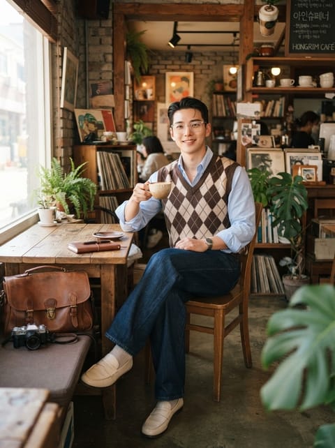 SKIPIKS AI fashion editorial — preppy, vintage, casual — The brown argyle vest creates a cozy autumn vibe. Pair it with a sky-blue shirt 