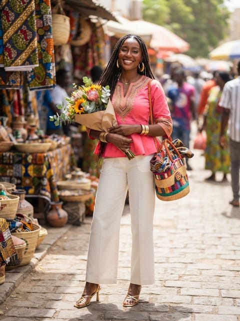 SKIPIKS AI fashion editorial — bohemian, ethnic — This look adds a stylish touch with a bright pink blouse. Pair it with white pan