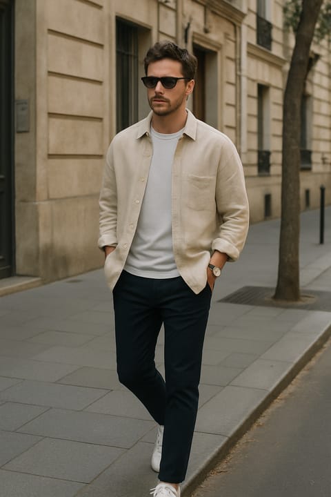 SKIPIKS AIファッション写真 — minimalist, casual — ベージュのシャツとネイビーのパンツの組み合わせで、クリーンでモダンな雰囲気を演出しました。白いスニーカーとサングラスを加えることでカジュアルなポイントが生まれ、