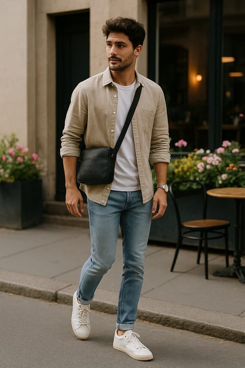 SKIPIKS AI fashion editorial — minimalist, casual — The combination of a beige shirt and a white T-shirt creates a natural and soft 