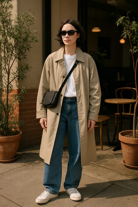 SKIPIKS AI fashion editorial — minimalist, casual — The beige trench coat paired with a white t-shirt creates a classic yet modern v