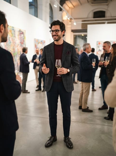SKIPIKS AIファッション写真 — business_casual, smart — このルックはチェック柄のジャケットとバーガンディカラーのニットが組み合わさり、洗練された雰囲気を醸し出します。スラックスとダービーシューズを合わせてビジネスカジ