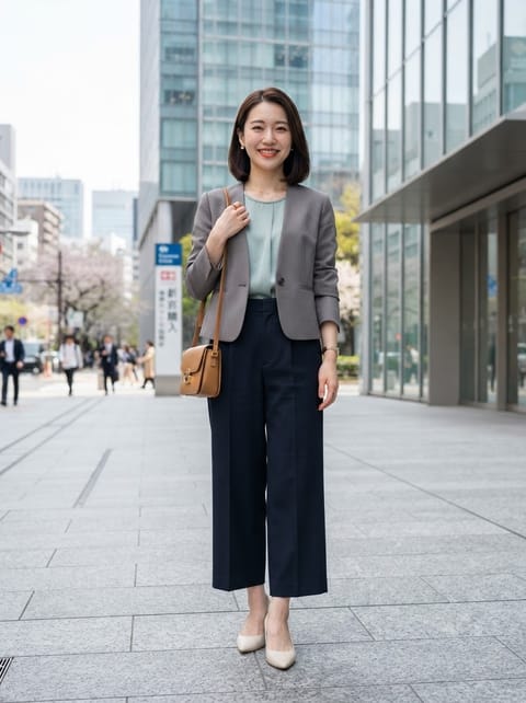 SKIPIKS AI fashion editorial — minimalist, office — A light gray jacket adds a touch to a clean and sophisticated spring office look