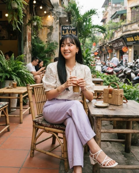 SKIPIKS AI时尚大片 — feminine, chic, bohemian — 将薰衣草色裤子与象牙色衬衫搭配，营造出清新而浪漫的氛围。搭配清爽的白色凉鞋和藤编包，增添夏日的清凉感，完美提升时尚感。这套造型不仅适合日常穿搭，也非常适合夏季度