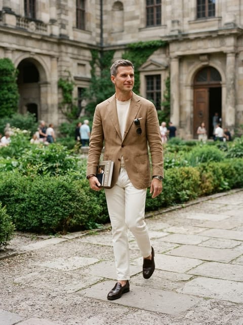 SKIPIKS AIファッション写真 — smartcasual, preppy, minimalist — ブラウンのブレザーとクリーム色のTシャツの組み合わせが洗練された印象を与えるルックです。ホワイトパンツとブラウンローファーでスタイリッシュに仕上がります。サング
