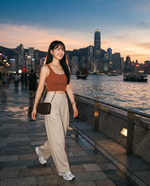 SKIPIKS AI fashion editorial — casual, comfortable — Create a cool yet chic summer vibe with a brown tank top and beige wide-leg pant