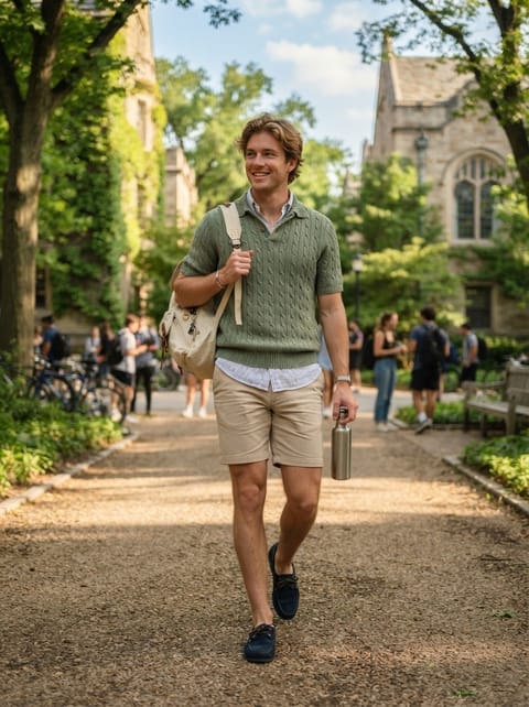 SKIPIKS AI fashion editorial — casual, preppy — The khaki knit pullover paired with beige shorts creates a cool and stylish camp