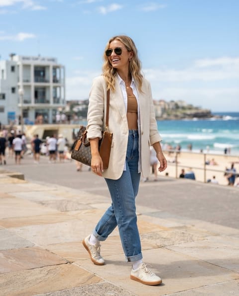 SKIPIKS AI时尚大片 — casual, chic, beachwear — 这是适合夏季海滩的清爽休闲风格。将米色西装外套与牛仔裤搭配，营造出时尚氛围。用舒适的运动鞋和适中的手提包来完成你的日常造型。